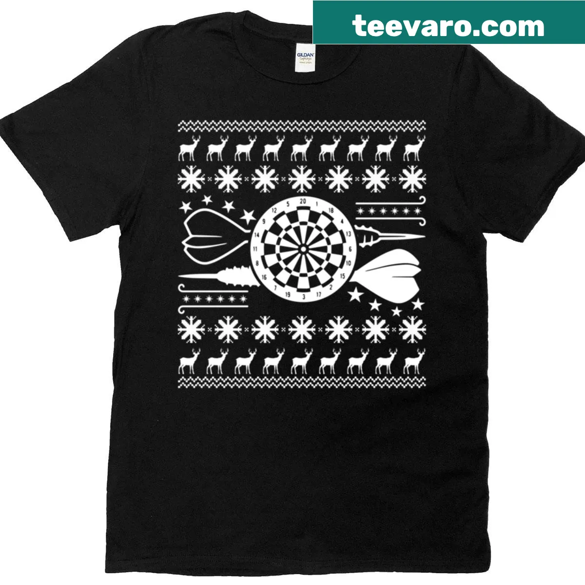 Darts-themed Christmas t-shirt with festive graphics — on a men's t-shirt