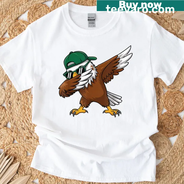 Cartoon eagle dabbing graphic on a T-shirt for kids and adults