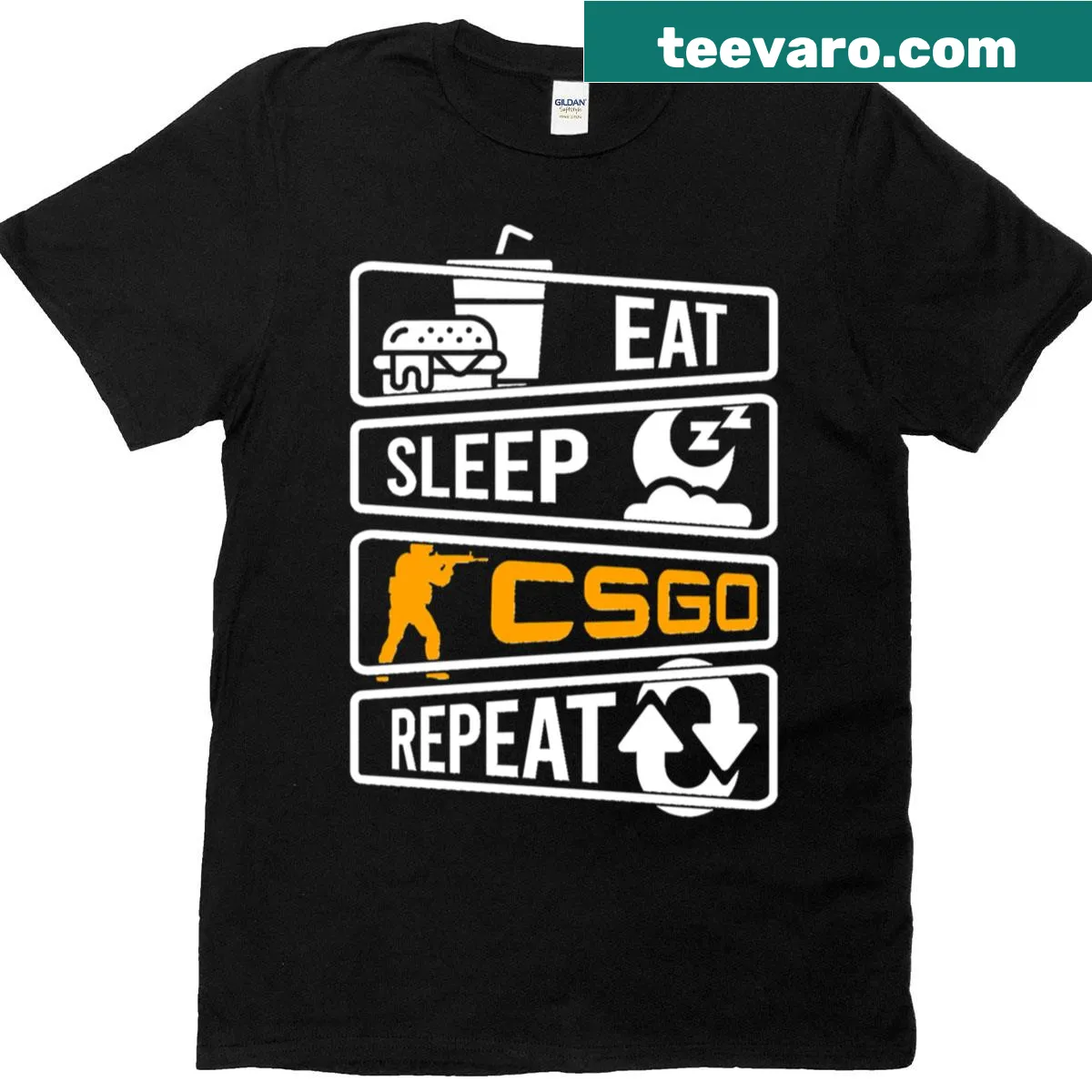 Typography graphic stating 'Eat Sleep CS:GO Repeat' — on a men's t-shirt