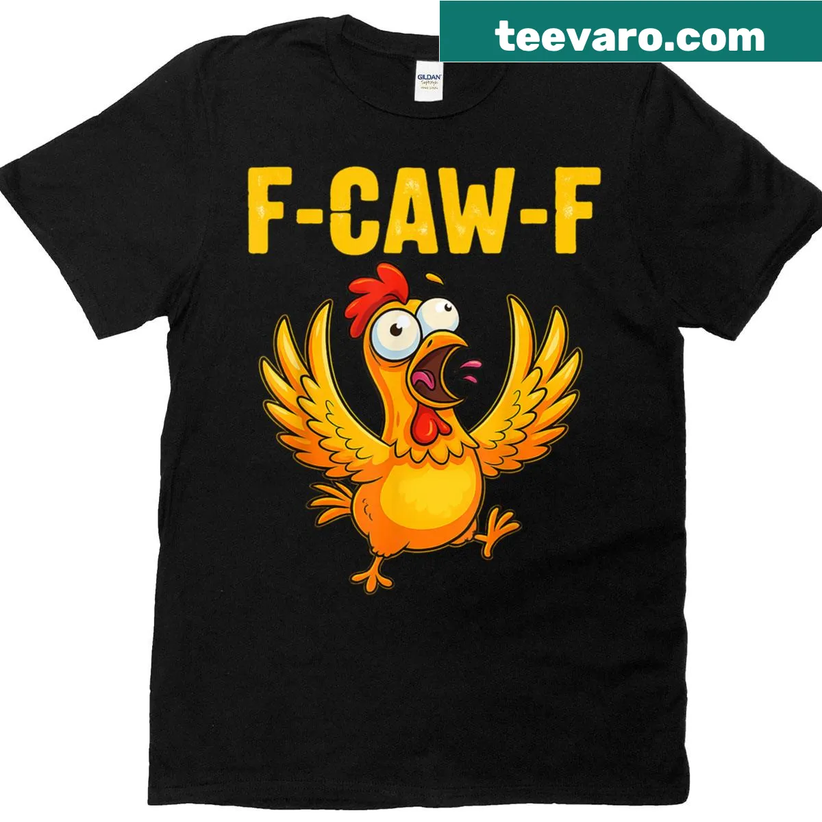 Funny chicken shirt with F-caw-f text — on a men's t-shirt