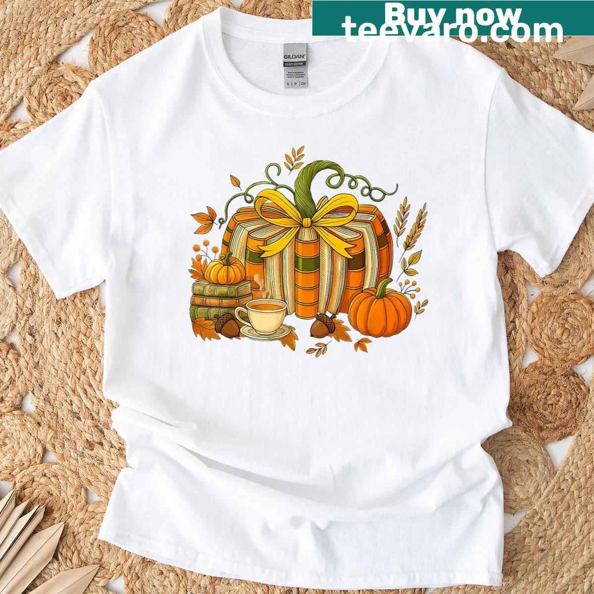 T-shirt featuring books and pumpkins with a fall theme — on a men's t-shirt