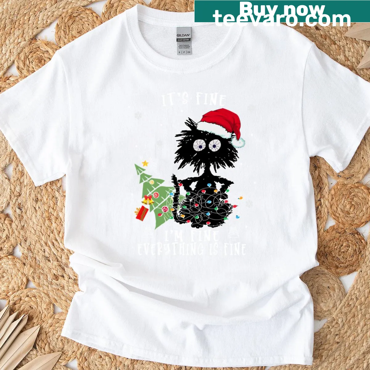 Funny Christmas t-shirt with a black cat and humorous text — on a men's t-shirt