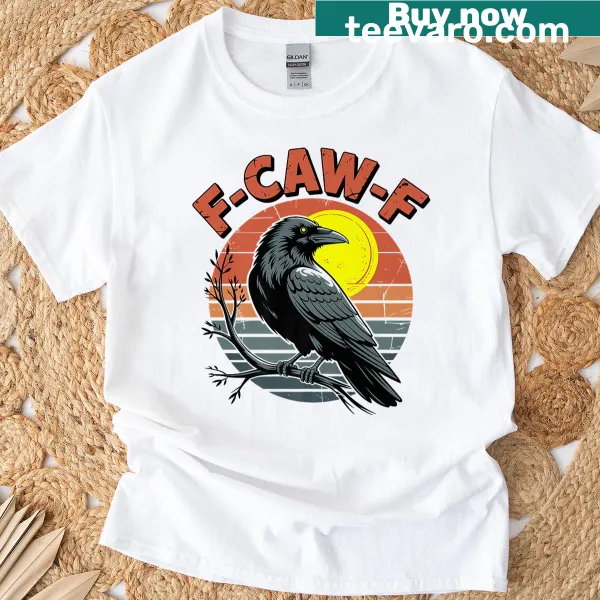 Funny black crow graphic with retro sunset and text F-caw-f