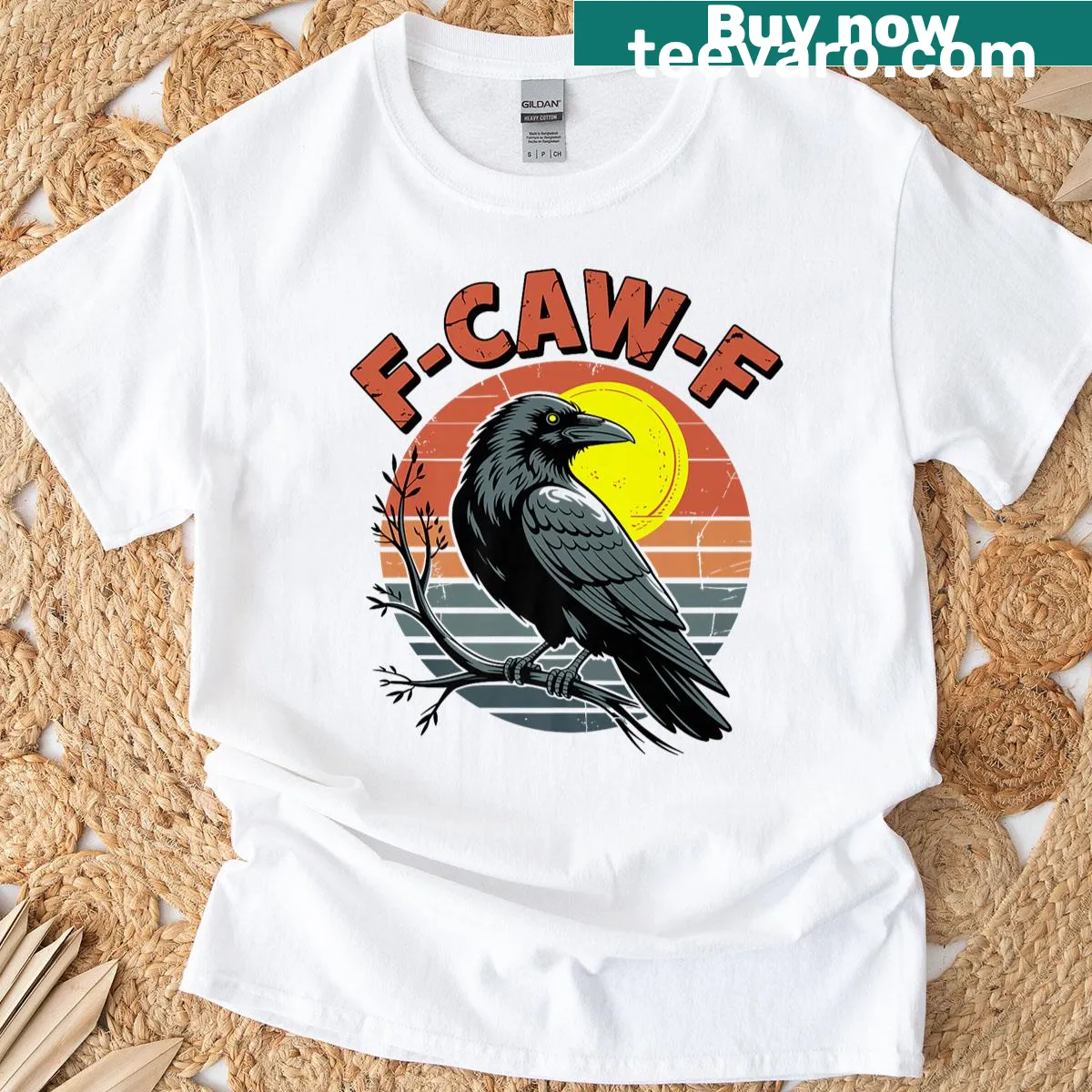 Funny black crow graphic with retro sunset and text F-caw-f — on a men's t-shirt