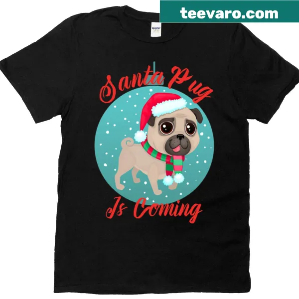 Christmas pug cartoon in Santa outfit with snowflakes