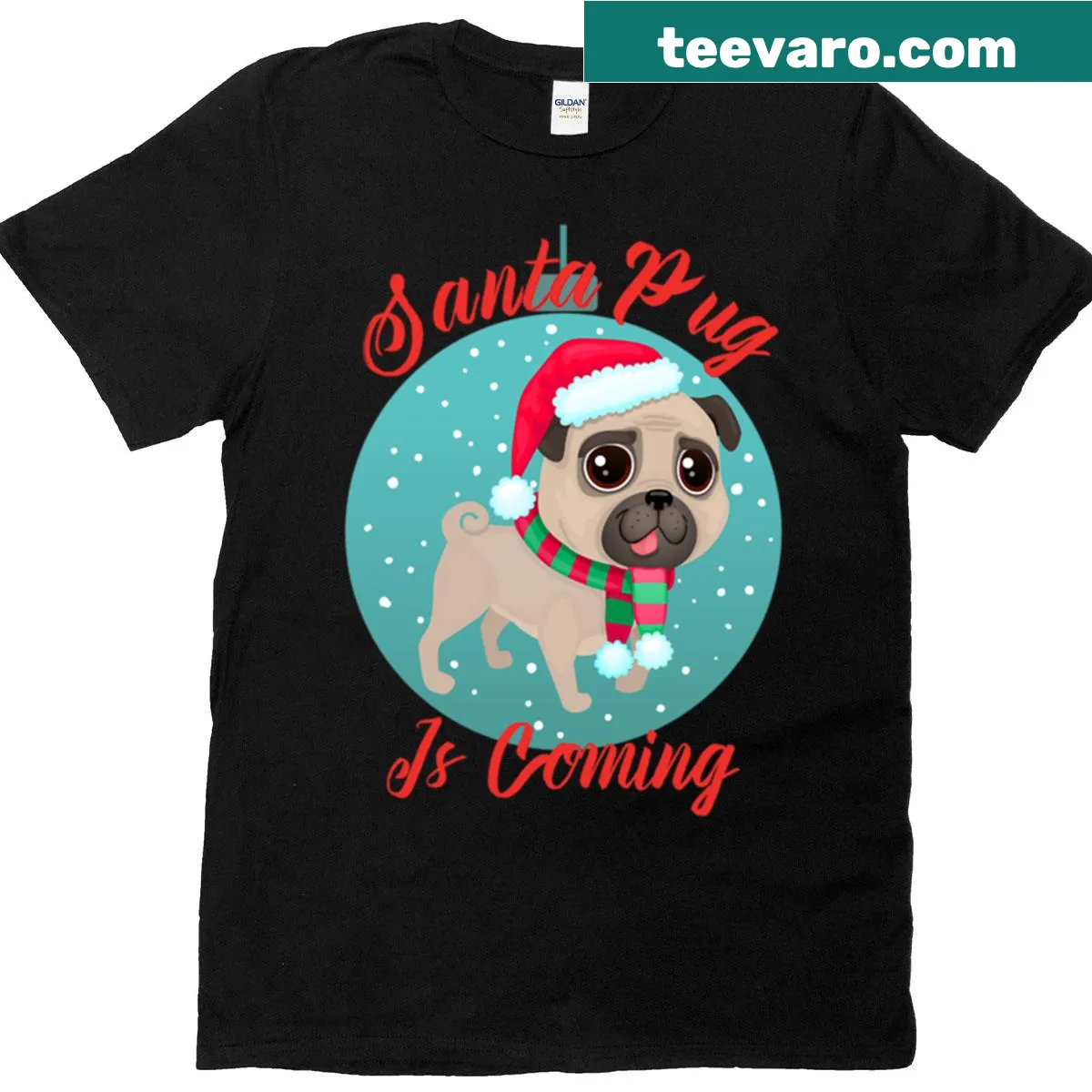 Christmas pug cartoon in Santa outfit with snowflakes — on a men's t-shirt