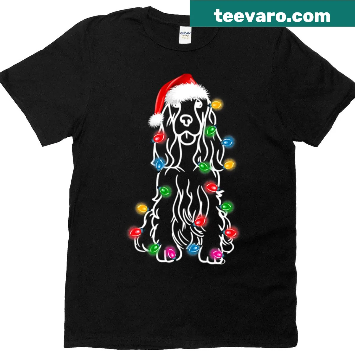 Cartoon cocker spaniel design with tree backdrop — on a men's t-shirt