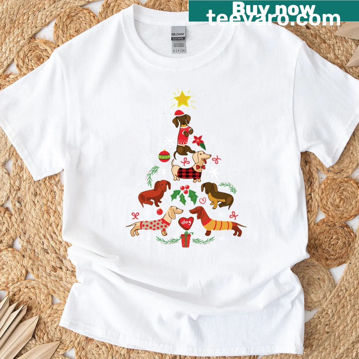 Dachshund decorated as a Christmas ornament graphic design. — on a men's t-shirt