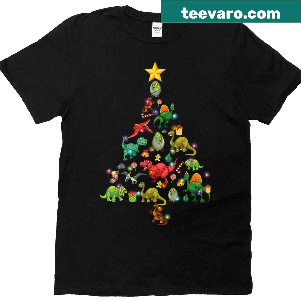 Christmas T-Rex cartoon in lights and Santa hat — on a men's t-shirt