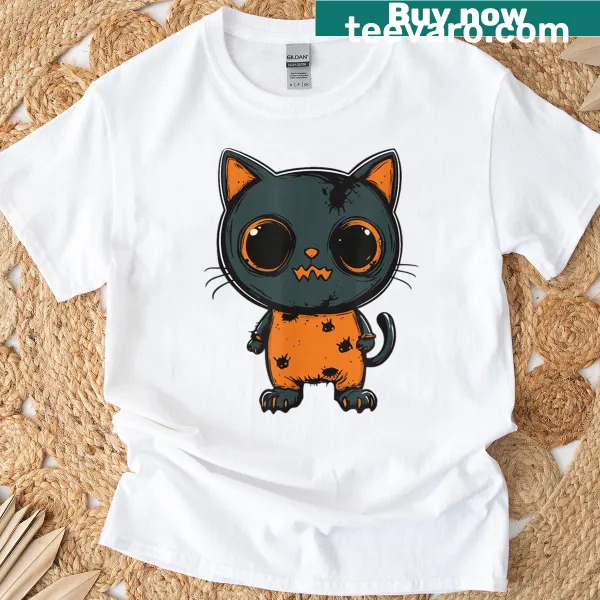 Cartoon-style Halloween shirt featuring a funny zombie cat