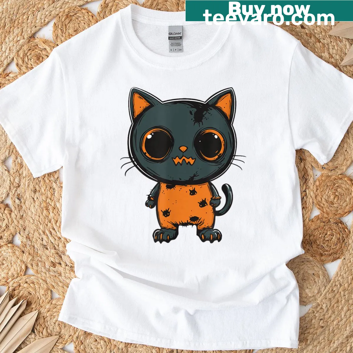 Cartoon-style Halloween shirt featuring a funny zombie cat — on a men's t-shirt