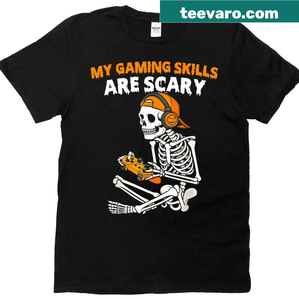 Skeleton gamer graphic with Halloween theme on a T-shirt — on a men's t-shirt