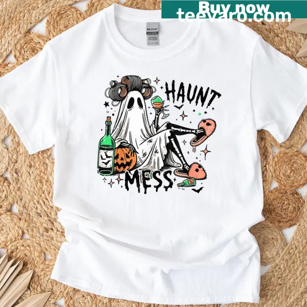 Cute Halloween t-shirt featuring a funny ghost and skeleton design.