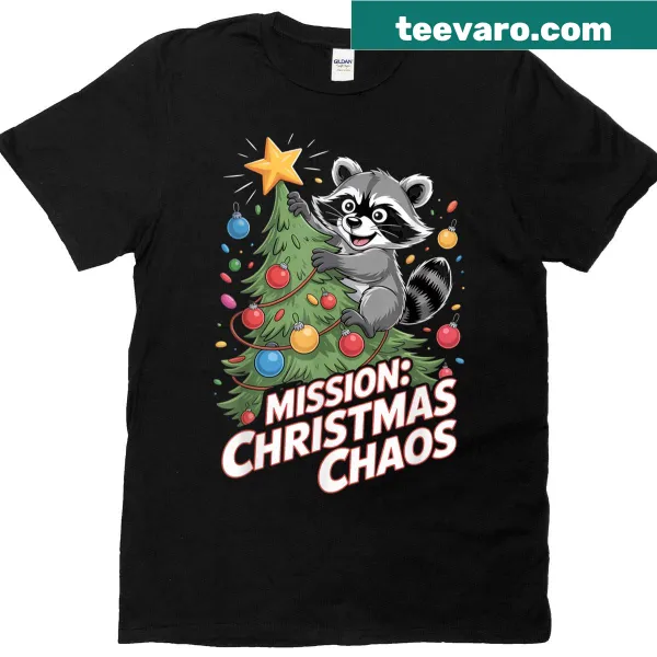 Funny raccoon graphic on a Christmas-themed T-shirt