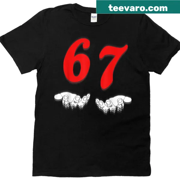 T-shirt with the phrase 'Six Seven 6 7' in a playful typography