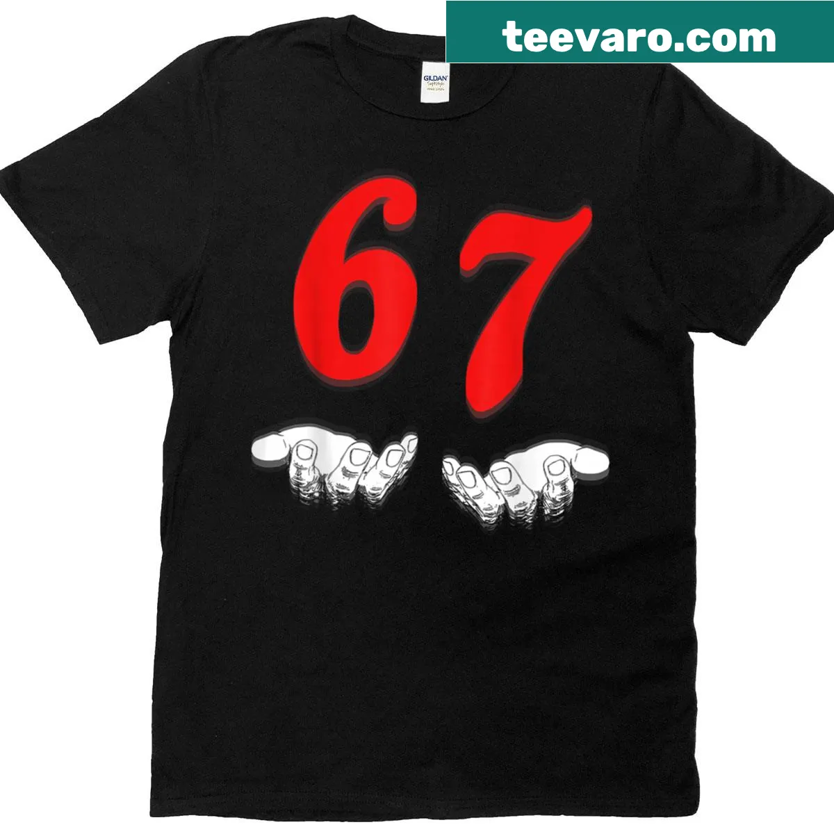 T-shirt with the phrase 'Six Seven 6 7' in a playful typography — on a men's t-shirt