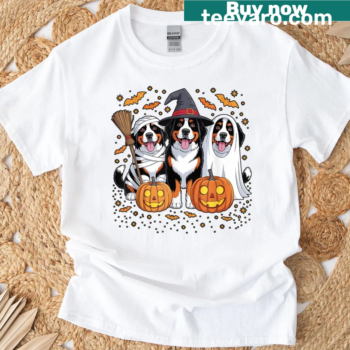 Three Bernese Mountain Dogs in pumpkin costumes for Halloween — on a men's t-shirt