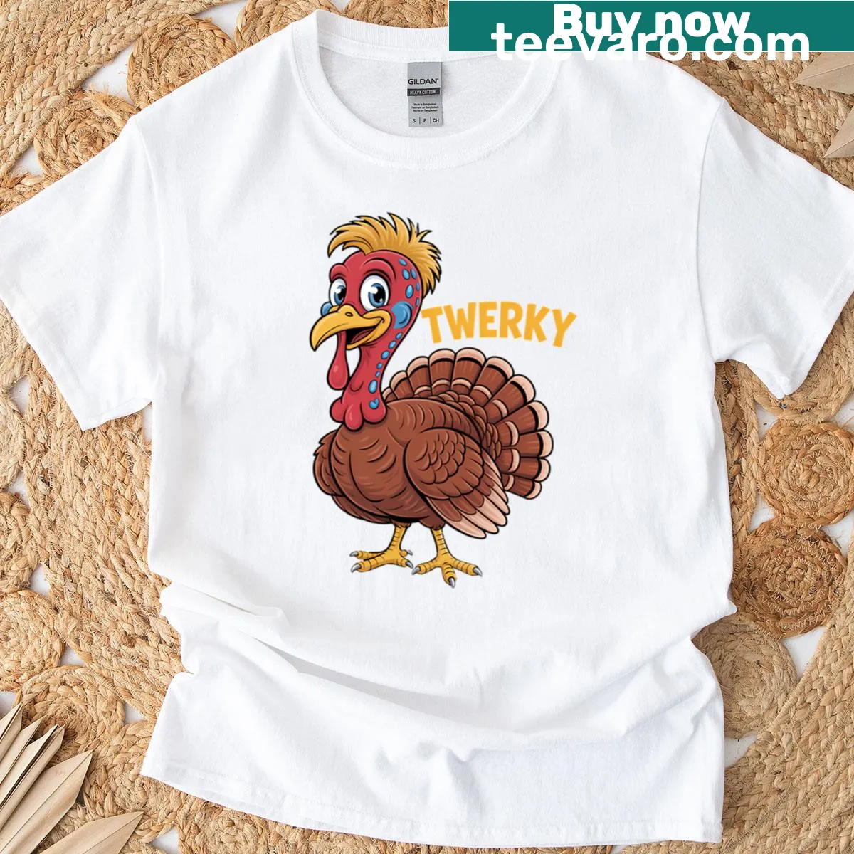 Cartoon turkey twerking graphic on a Thanksgiving T-shirt — on a men's t-shirt