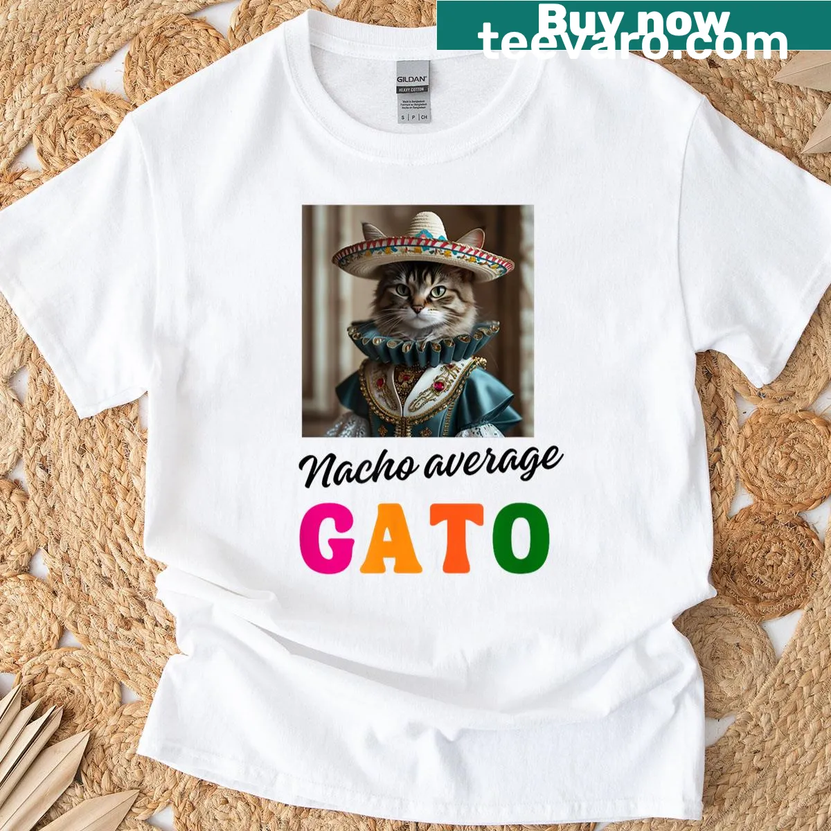 Whimsical taco-loving cat graphic with fiesta theme — on a men's t-shirt
