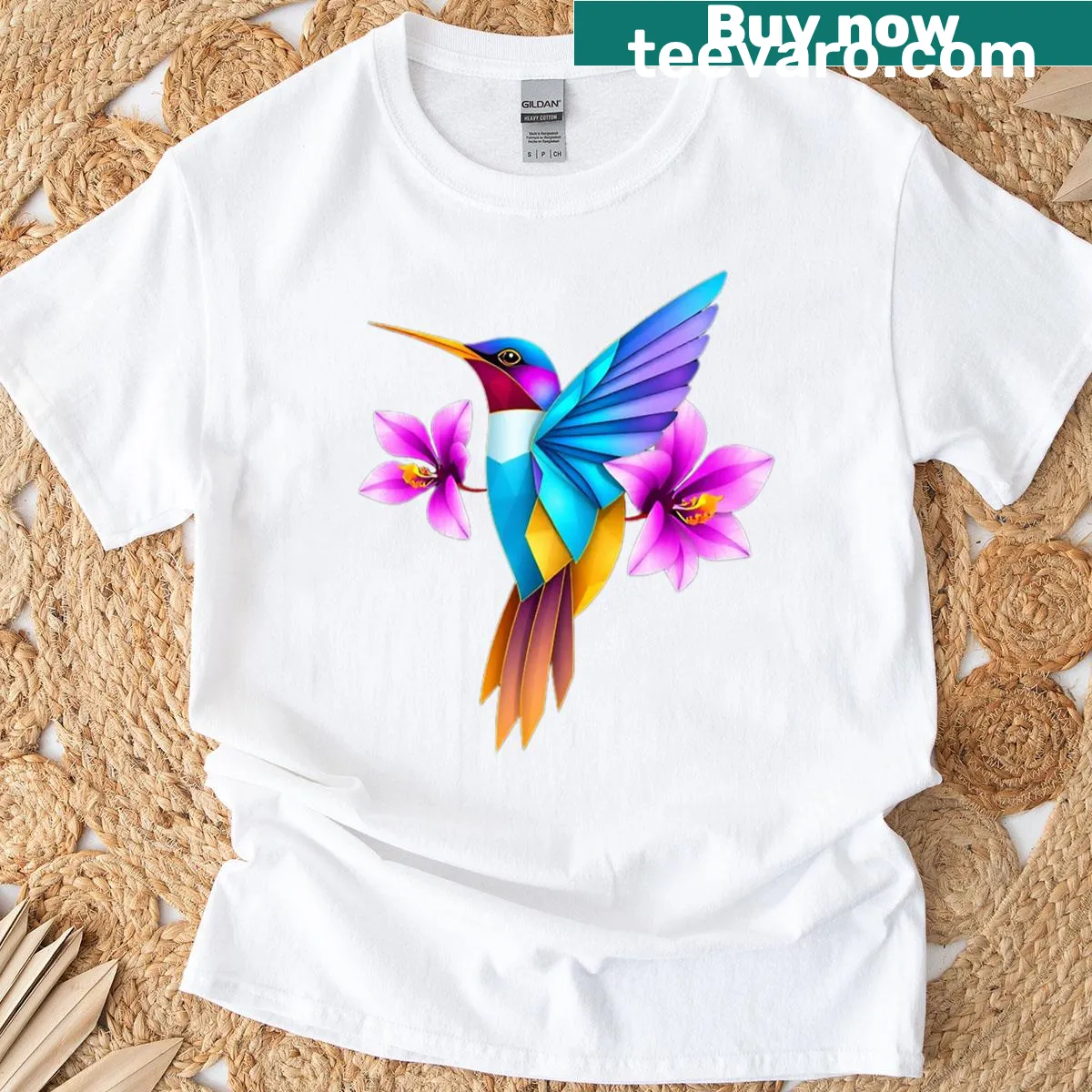 Geometric T-shirt featuring a hummingbird in polygonal style — on a men's t-shirt
