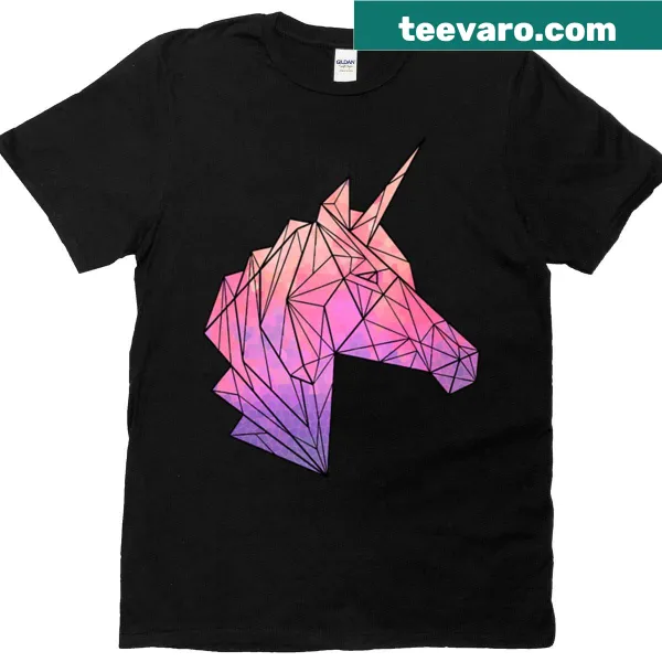 Geometric unicorn design t-shirt featuring stylized shapes