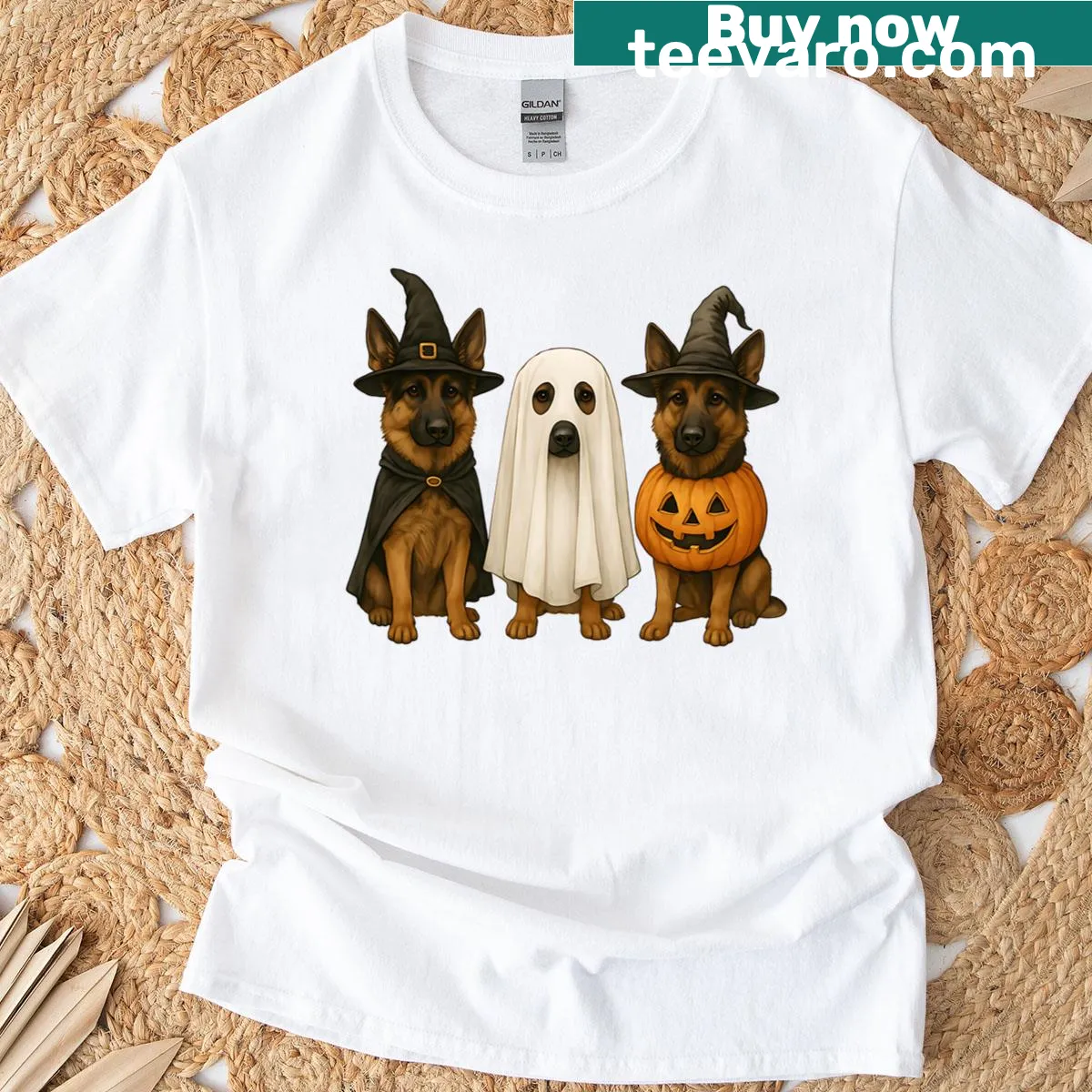 Halloween-themed T-shirt featuring a German Shepherd in a witch costume — on a men's t-shirt