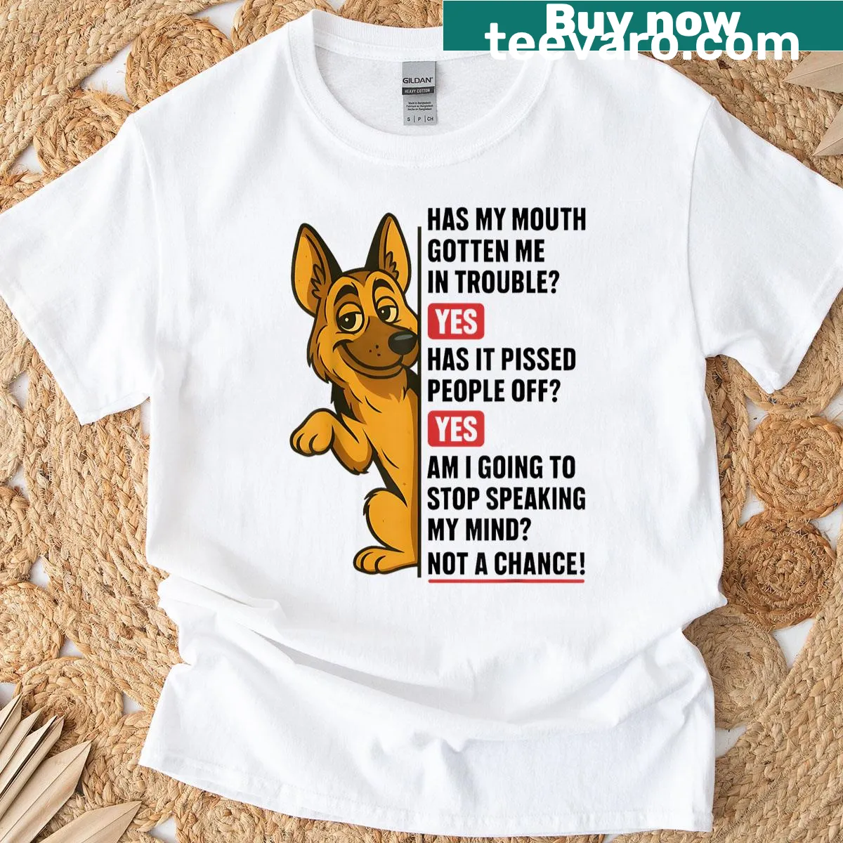 Funny German Shepherd T-shirt with humorous text — on a men's t-shirt