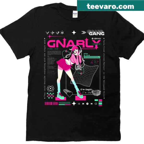 Cartoon graphic t-shirt with 'Gnarly' text