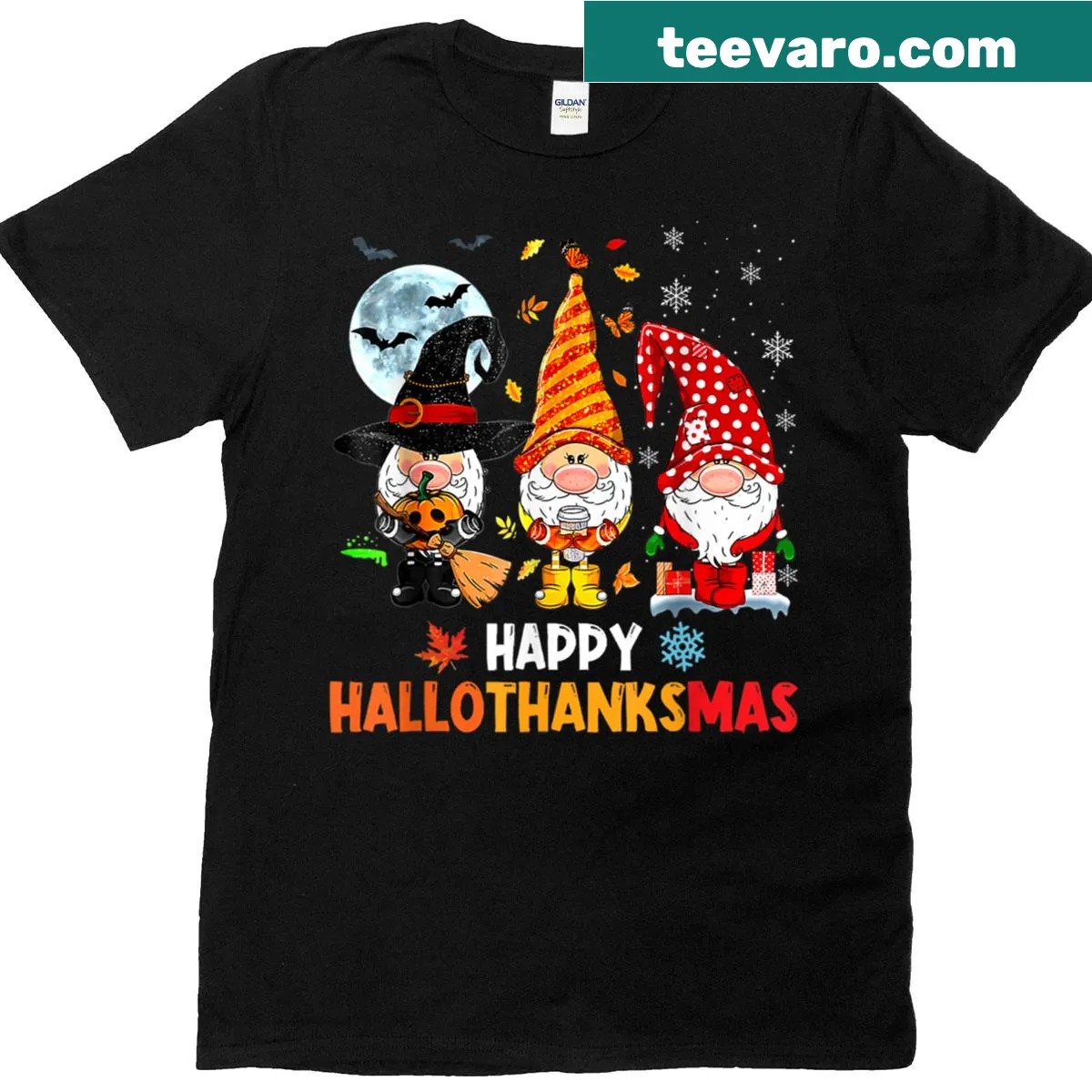 Whimsical T-shirt with gnome celebrating Hallothanksmas — on a men's t-shirt