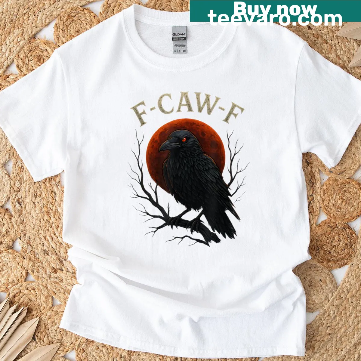 Gothic T-shirt with a black crow and red moon, featuring the phrase 'F-caw-f' — on a men's t-shirt
