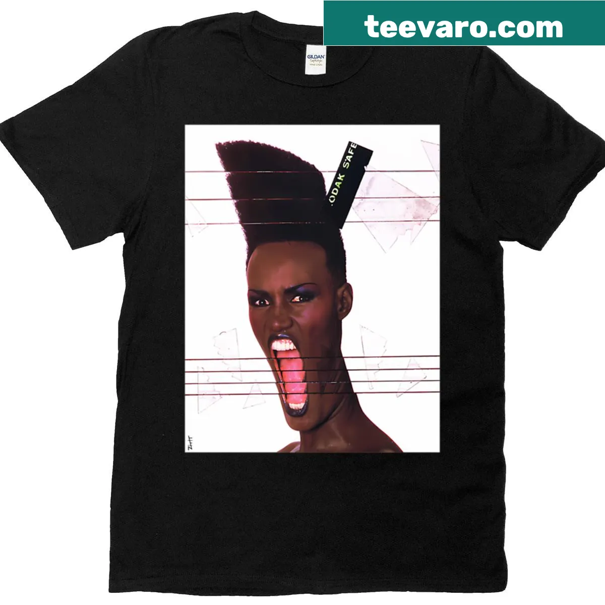 Tribute shirt with text 'Grace Jones - Slave To The Rhythm' — on a men's t-shirt