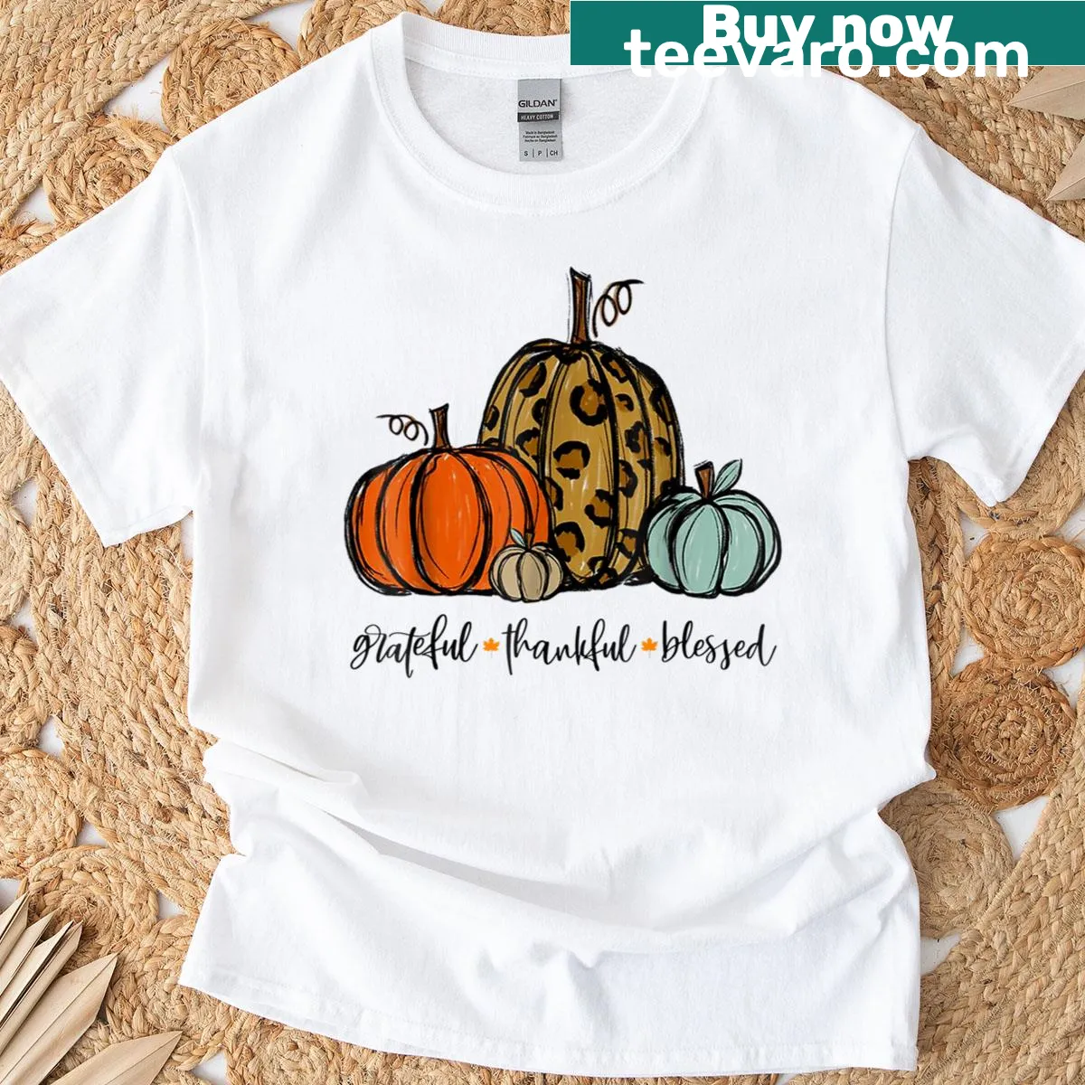 Thanksgiving T-shirt with 'Grateful Thankful Blessed' and pumpkin graphic — on a men's t-shirt