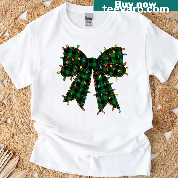 Holiday T-shirt featuring green plaid, a bow, and Christmas lights