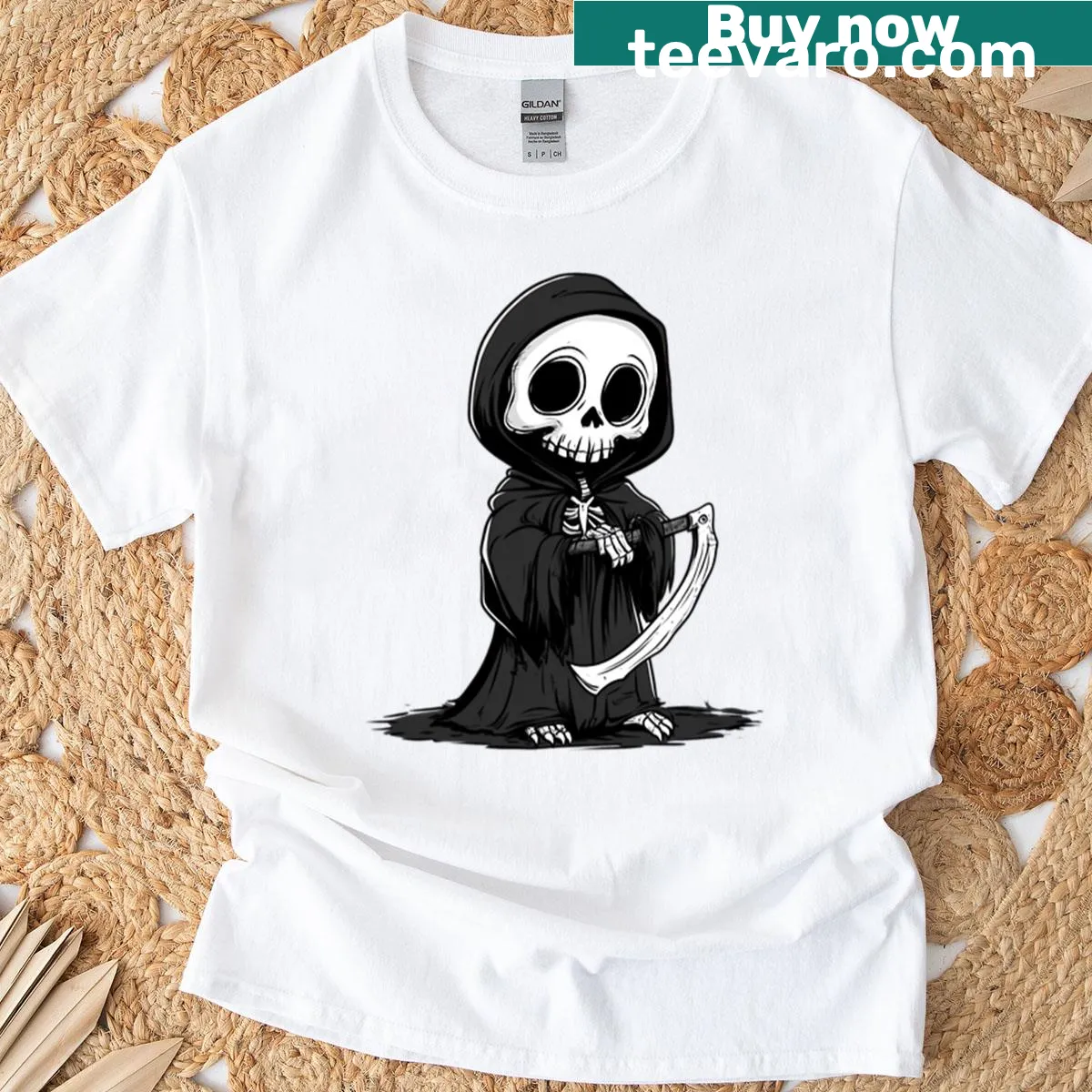 Spooky Grim Reaper graphic on Halloween T-shirt — on a men's t-shirt