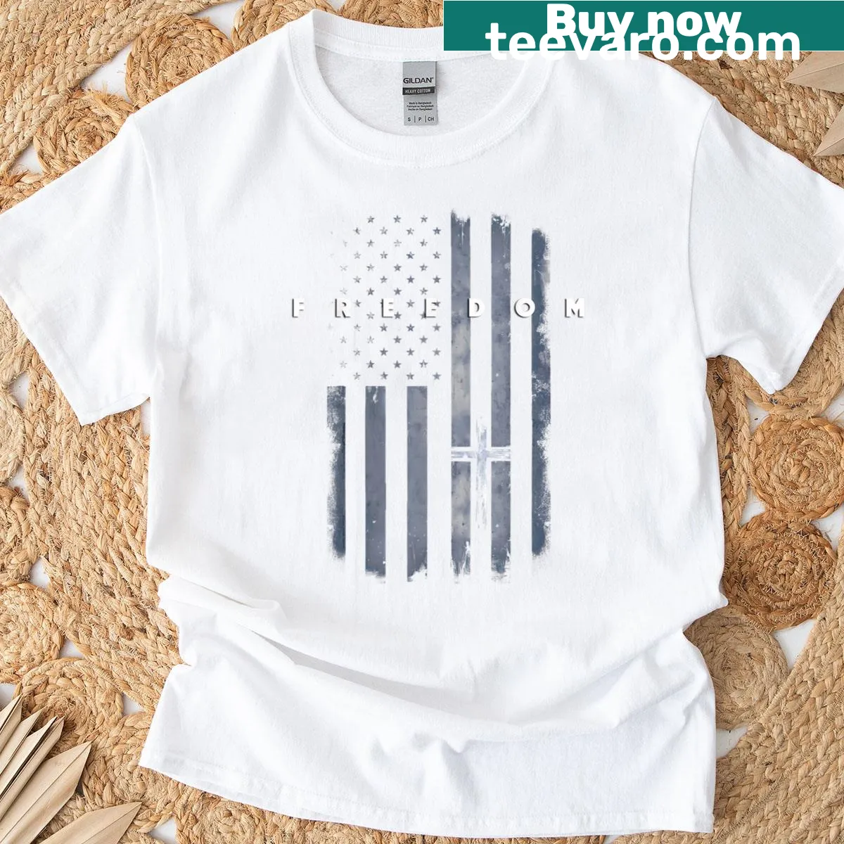 Grunge-style T-shirt featuring the American flag and a cross design. — on a men's t-shirt