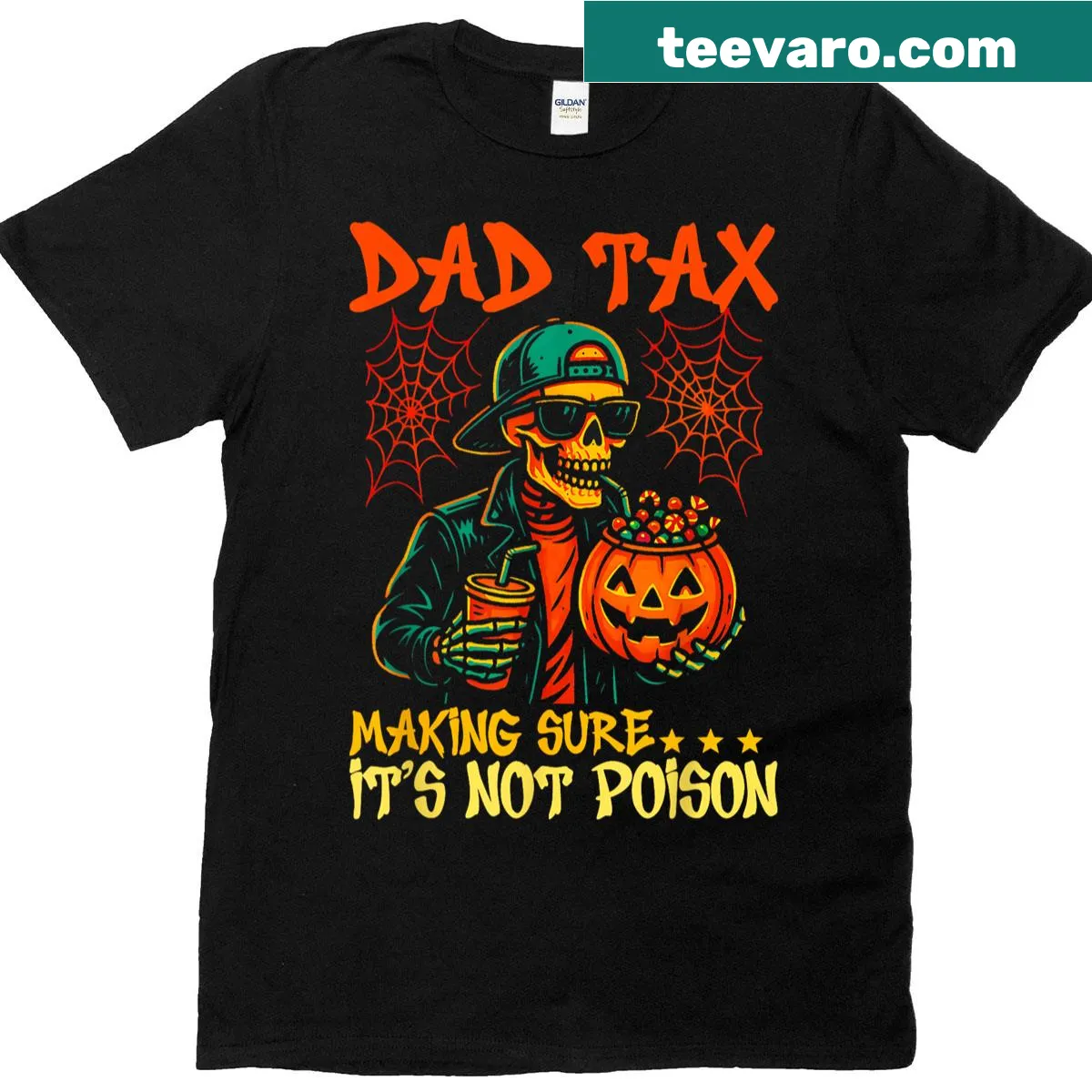 Funny skeleton dad t-shirt with 'Halloween Dad Tax' illustration — on a men's t-shirt