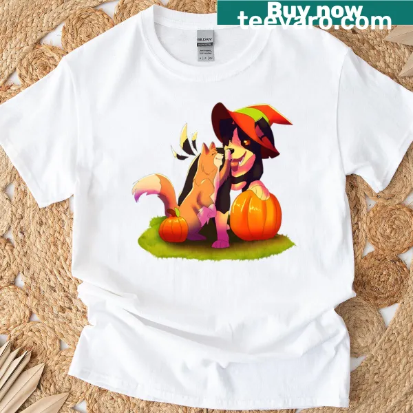 T-shirt showing a design of grown-up puppy and kitten