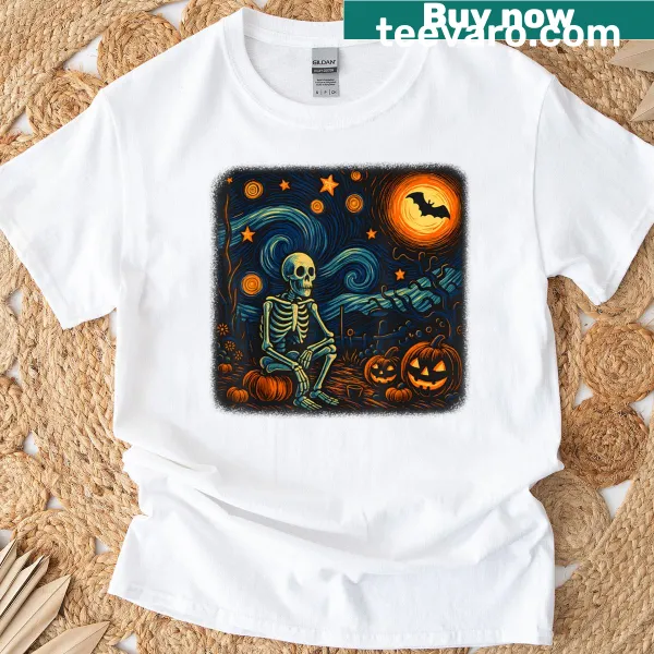 Halloween T-shirt with skeleton and Van Gogh starry night design
