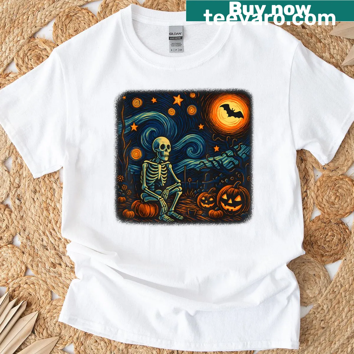 Halloween T-shirt with skeleton and Van Gogh starry night design — on a men's t-shirt