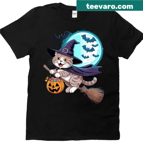 Scottish Fold cat witch design on T-shirt