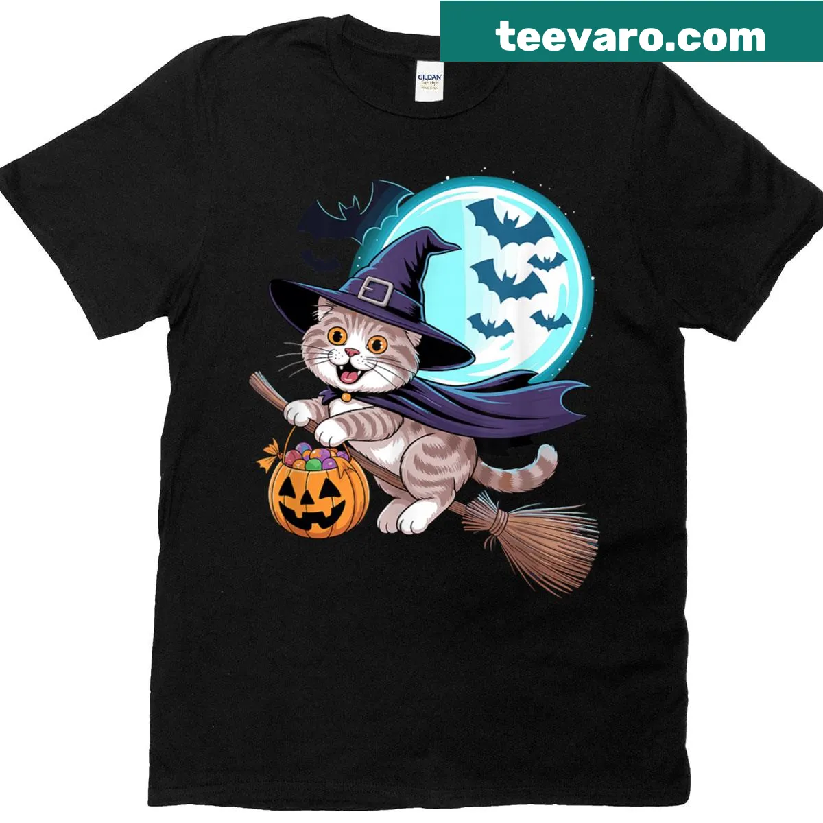 Scottish Fold cat witch design on T-shirt — on a men's t-shirt