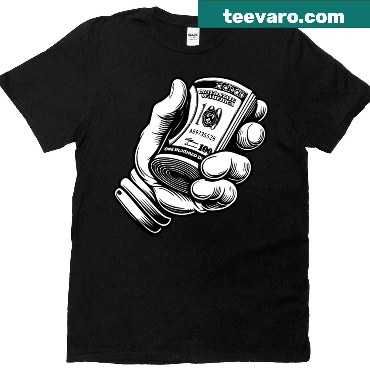 Graphic t-shirt with hand holding money — on a men's t-shirt