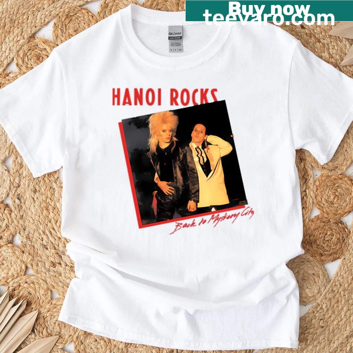 T-shirt featuring graphics of the Hanoi Rocks band — on a men's t-shirt