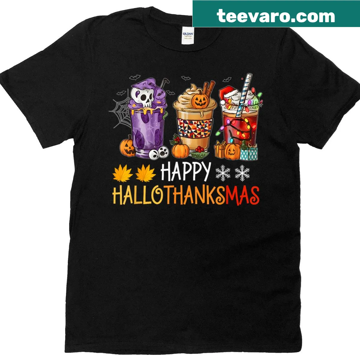 Playful T-shirt blending Halloween, Thanksgiving, and Christmas themes — on a men's t-shirt