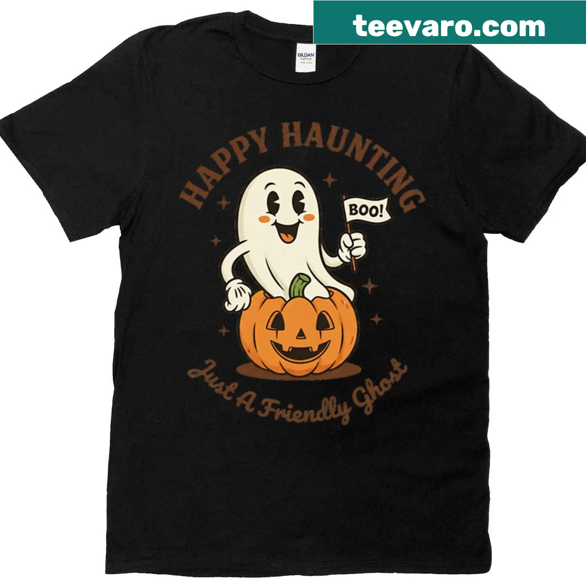 Cute retro cartoon of a ghost and pumpkin for Halloween — on a men's t-shirt