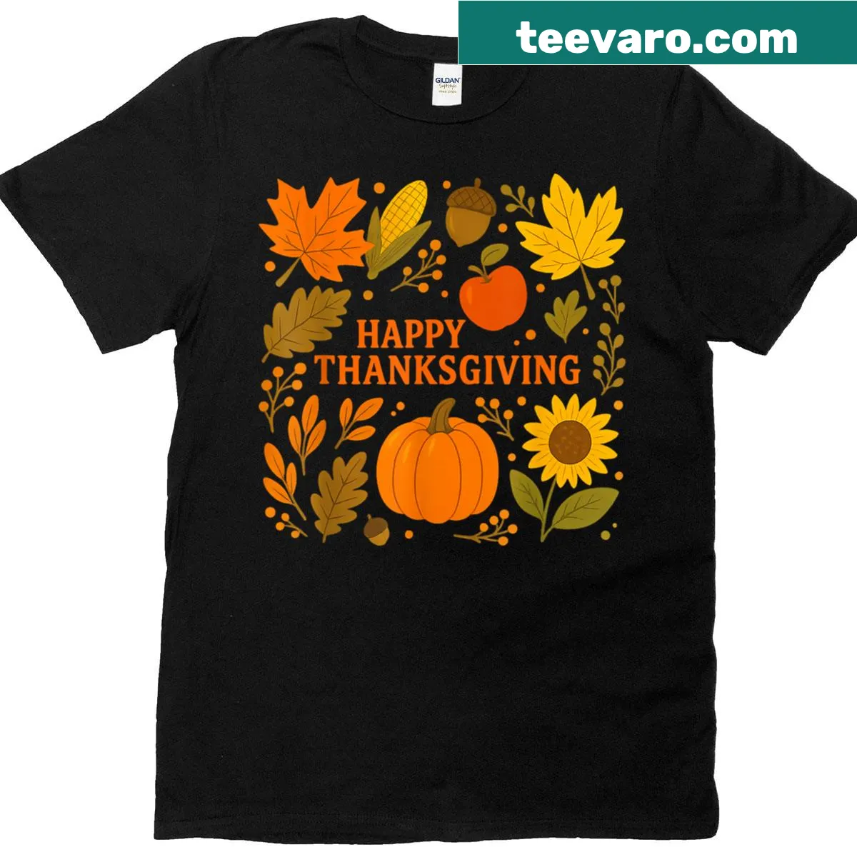 Thanksgiving T-shirt with pumpkins and autumn leaves design — on a men's t-shirt