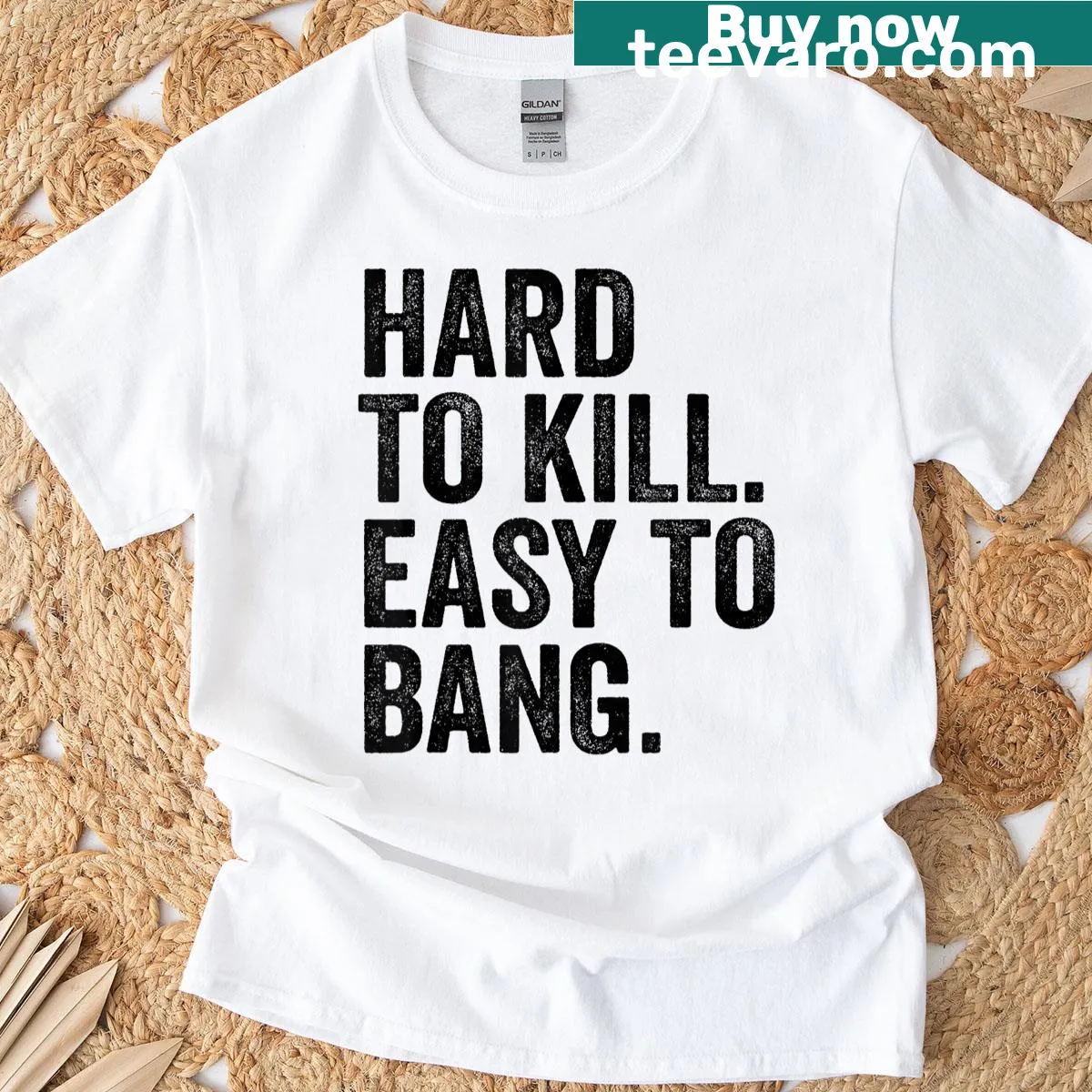 Humorous T-shirt with bold text about resilience and humor — on a men's t-shirt