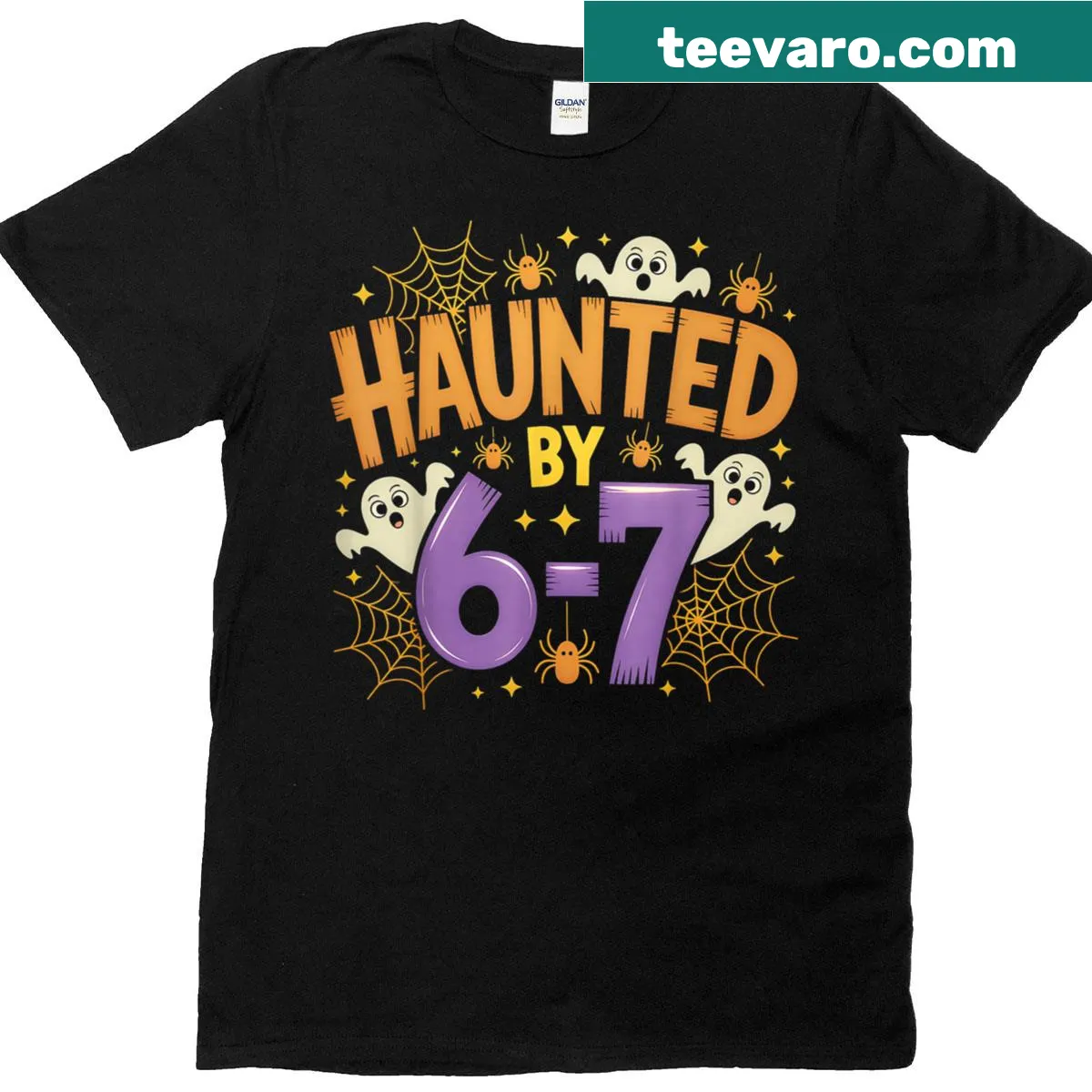 Halloween-themed T-shirt with ghosts and spider illustrations — on a men's t-shirt