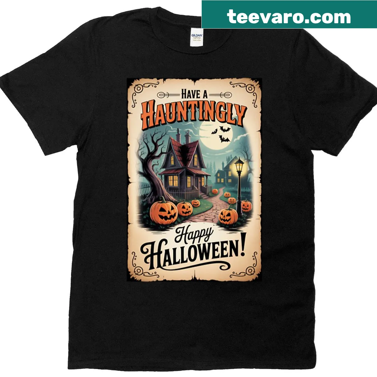 Haunted house graphic tee for Halloween enthusiasts — on a men's t-shirt
