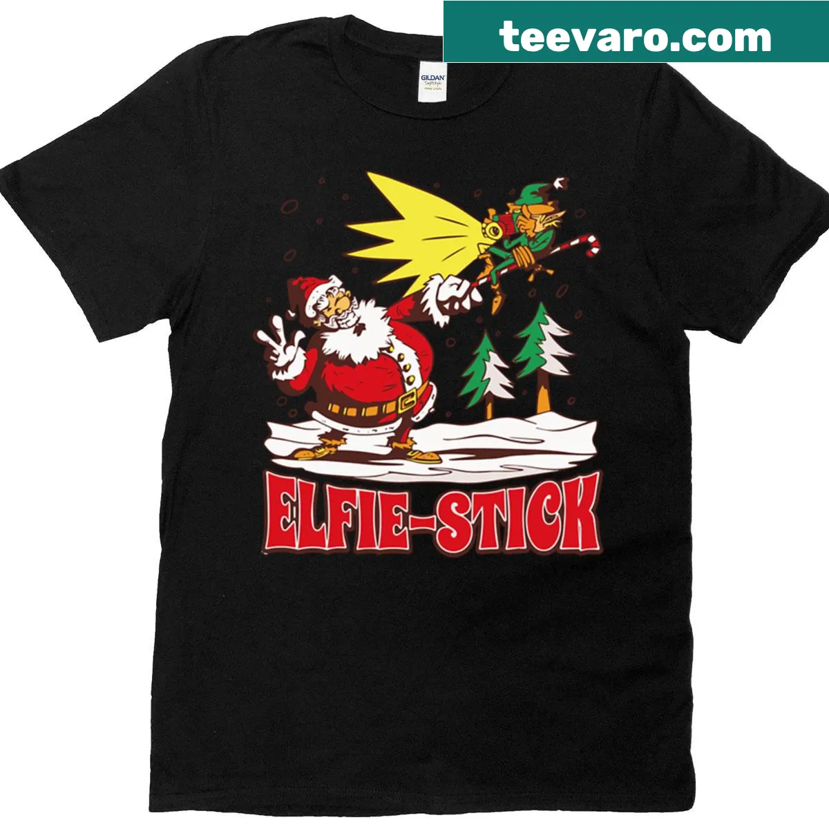 Whimsical holiday shirt with Santa and an elf illustration — on a men's t-shirt